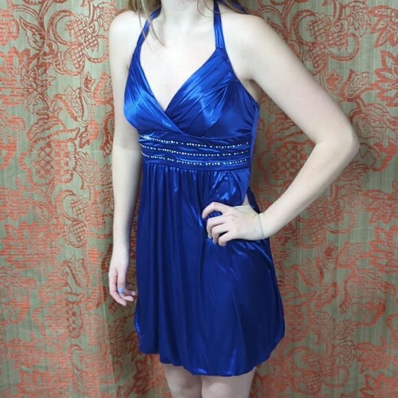 TRIXXI Sz M Royal Blue Satin FORMAL GOWN Cocktail DRESS Prom RHINESTONE HALTER - Picture 1 of 7